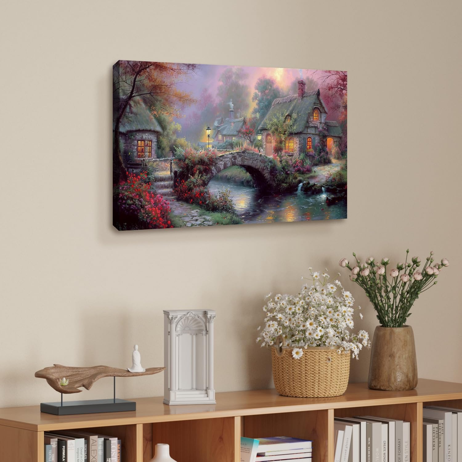 Amazon.co.jp: Thomas Kinkade 川の上の橋 キャンバスアート Thomas